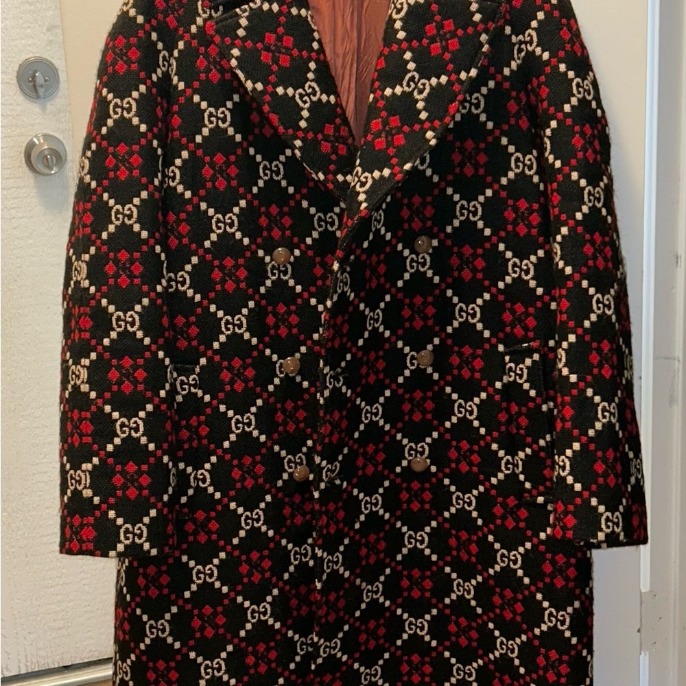 Gucci Black and Red Patterned Pea Coat